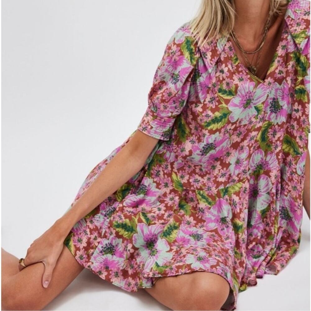 NWT Free People Moon Chaser Floral Mini Dress Chestnut Combo Sz L